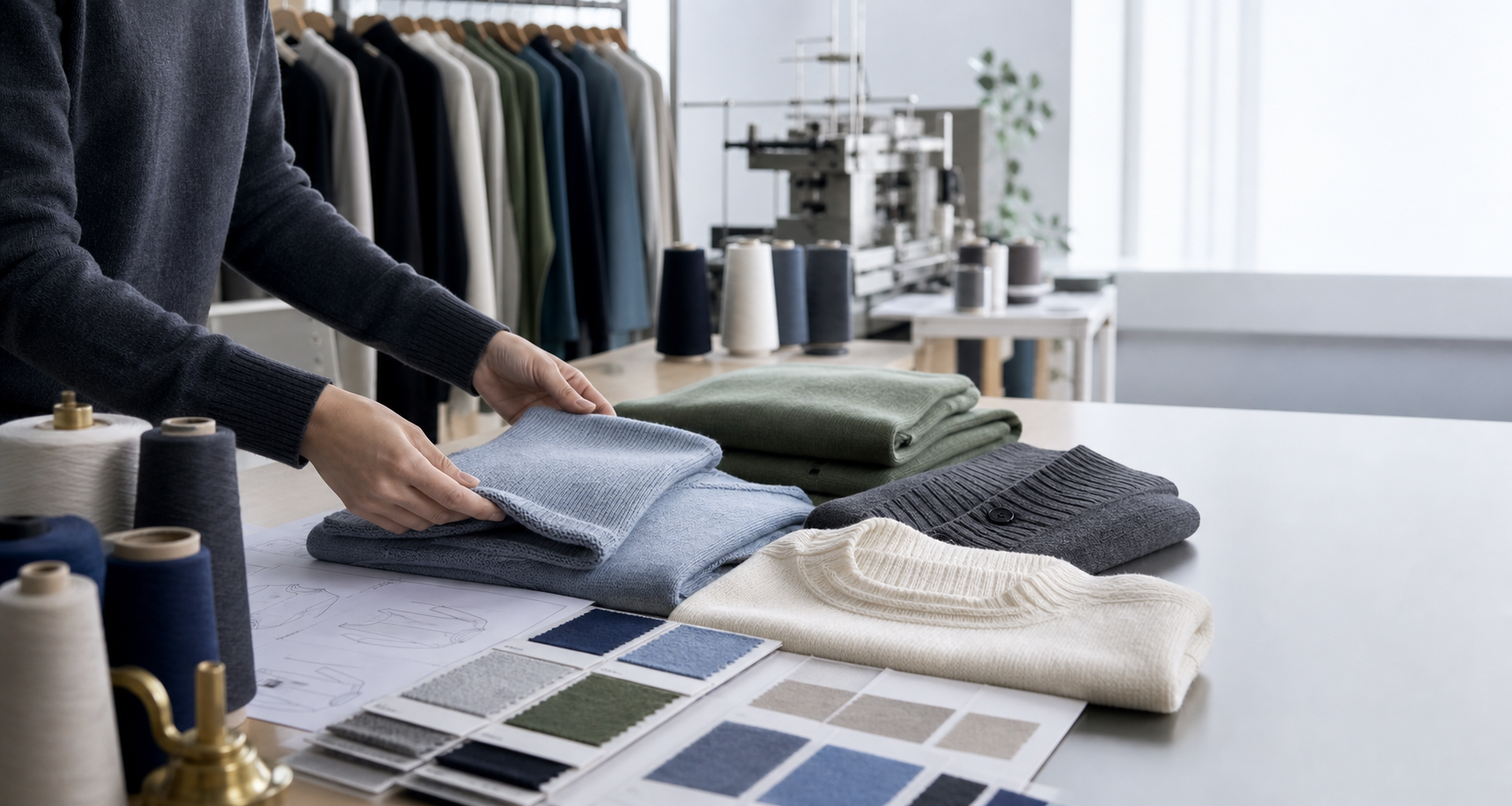 Premium cashmere knitwear samples in a production studio